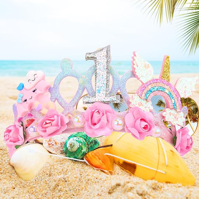 SuPoo First Birthday Decorations for Girl 1st Birthday Crown Headband Pink Hair Band Princess Tiara One Year Old Birthday Party Decorations Outfit Accessory