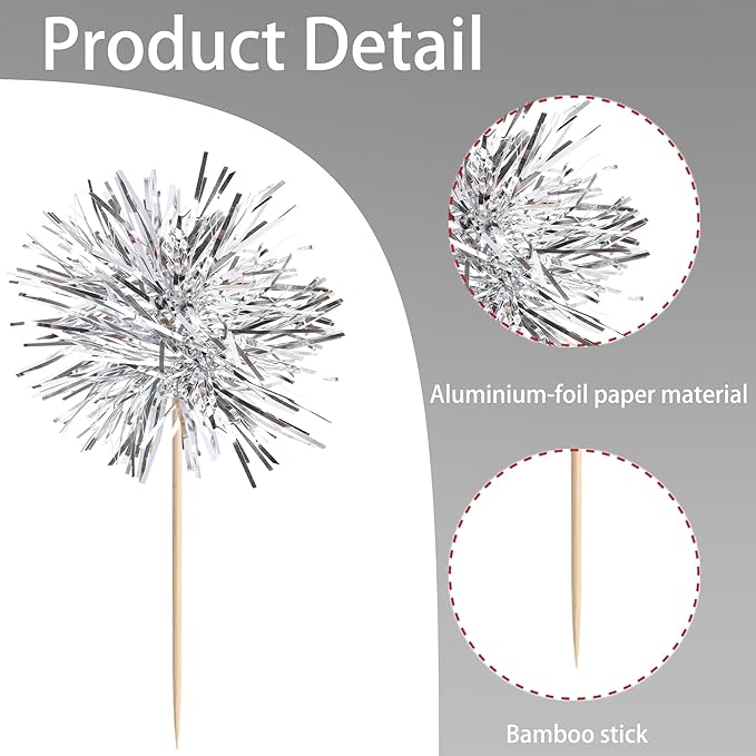 40 PCS Foil Firework Cupcake Toppers Fireworks Cupcake Picks Sparkle Tinsel Cake Decorations Cocktail Fruit Toothpick for Firework Theme Birthday Wedding Graduation Party Decorations Supplies Silver