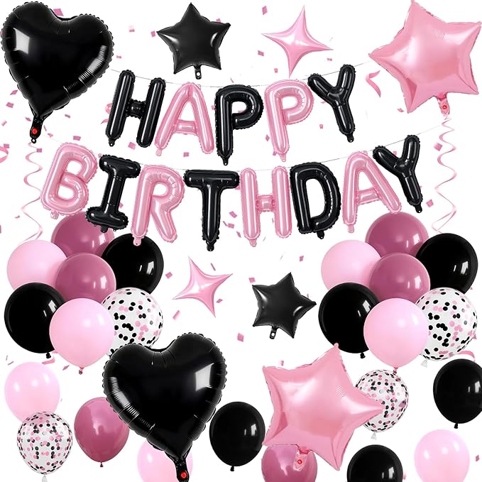 Pink and Black Birthday Decorations for Girls Women Hot Light Baby Pink Black Balloons Confetti Party Balloon Happy Birthday Banner Heart Balloons 18/10 Inch Star Balloon for Bday Party Supplies