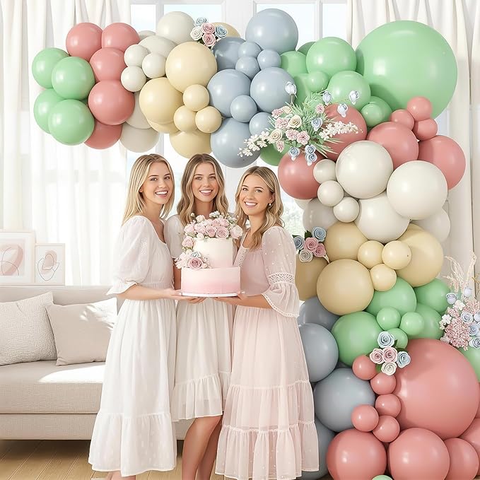 Dusty Pink Green Yellow Blue Balloon Arch Kit, Pastel Yellow Pink Dusty Blue Sage Green Ivory White Garland Balloon for Boho Baby Shower Flower Fairy Wedding Birthday Party Easter Decorations