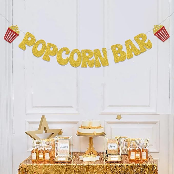 Popcorn Bar Banner - Movie Birthday Party Decoration - Funny Popcorn Birthday Bachelorette Party Decoration Gold Glitter