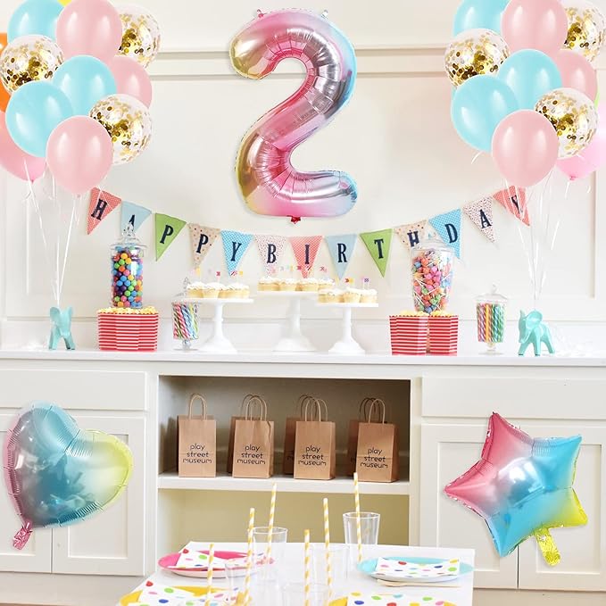 2nd Birthday Decorations for Girls - Gradient Color Age 2 Balloons with Happy Birthday Banner for Baby Showers & Parties