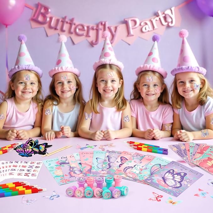 BenLouis 96Pcs Butterfly Party Favors Butterfly Fairy Coloring Books Crayon Stickers Set Bulk for Kids Butterfly Birthday Decor Spring Flower Tea Goodie Bag Stuffers Classroom Gifts Pinata Filler