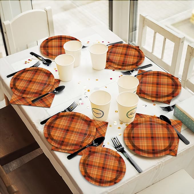 gisgfim 96 Pcs Thanksgiving Fall Orange Plaid Party Supplies Paper Plates Napkins Autumn Party Disposable Tableware Birthday Decorations Favors Serves 24