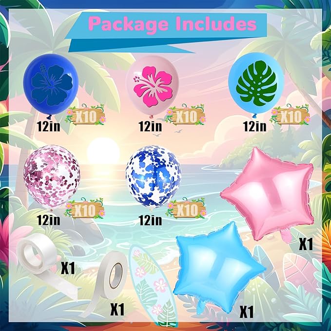 Blue Pink Light Blue Balloon 54Pcs 12 Inch，Cute Print Balloons for Cartoon Themed Birthday Party Decorations Boys Girls Hawaiian Gatherings Party Supplies