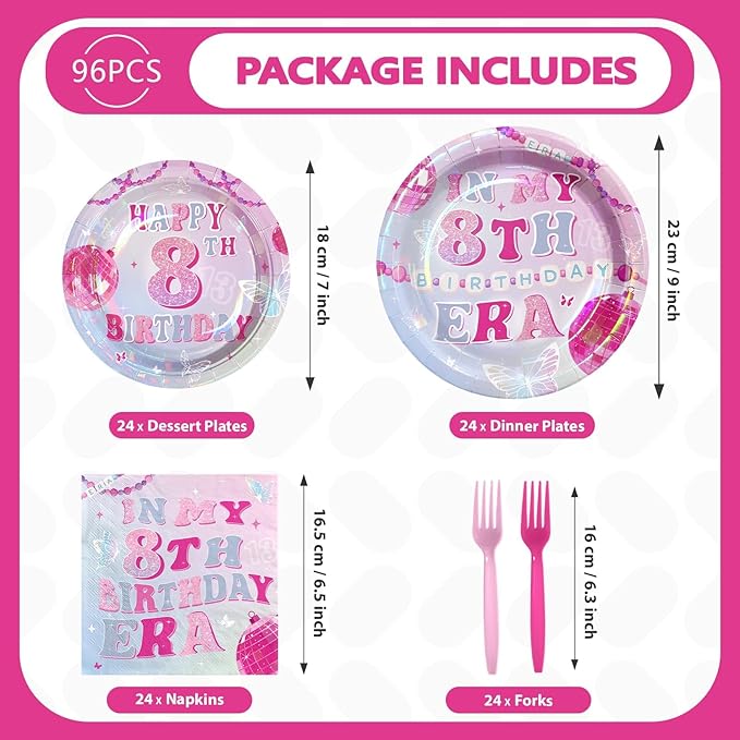96Pcs In My 8th Birthday Party Decorations Pink Blue Plates and Napkins Popular Singer Theme Tableware Set for 8 Years Old Girls Birthday Pink Music Star Themed Party Supplies Serves 24