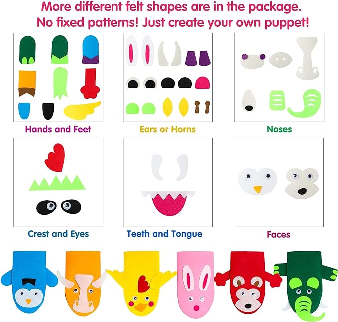 WATINC 6Pcs Hand Puppet Making Kit, Art Craft Felt Sock Puppet Toys, Creative DIY Make Your Own Pompoms Wiggle Googly Eyes Storytelling Role Play Party Supplies Gift for Girls Boys (Animals)