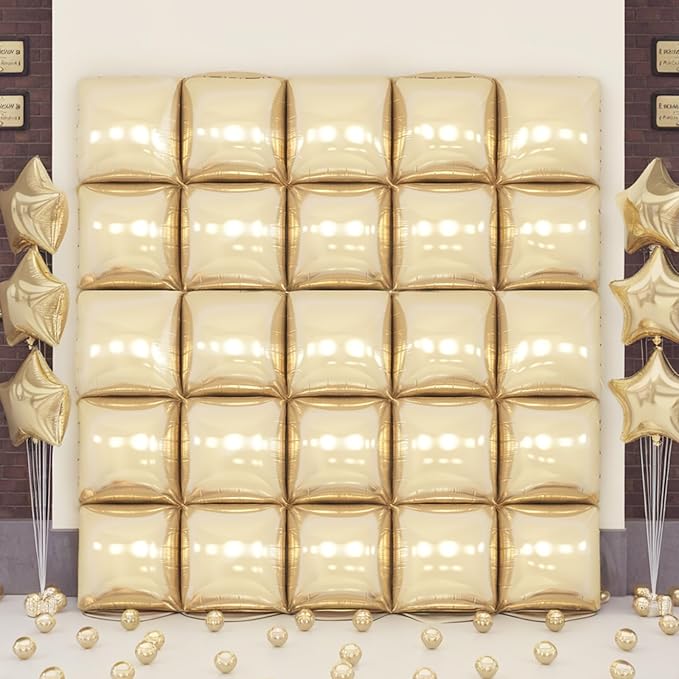 Champagne Gold Square Foil Balloon Wall,25Pcs Double Sided Foil Balloons Backdrop Helium Polyester Tunnel Arch Garland Kit for Birthday Bridal Anniversary Baby Shower Party Decorations