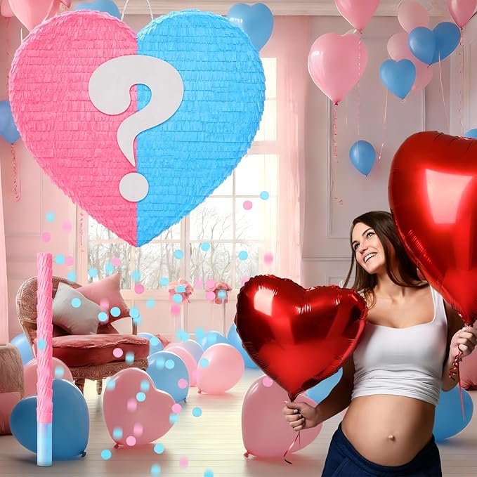 17 Inches Gender Reveal Piñata Pink Blue Large Valentine's Sweetheart Heart-shaped Piñata with Stick Blindfold Baby Shower Gender Reveal Valentine's Day Party Decor Romantic Events