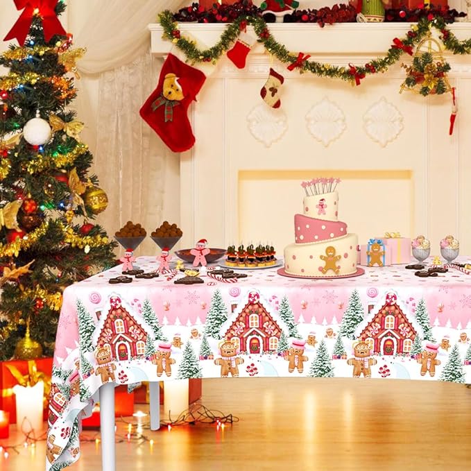 3 Pcs Pink Gingerbread Christmas Tablecloth - Gingerbread Man House Winter Cookie Plastic Table Cover for Family Holiday Decoration - 108 x 54 Inch