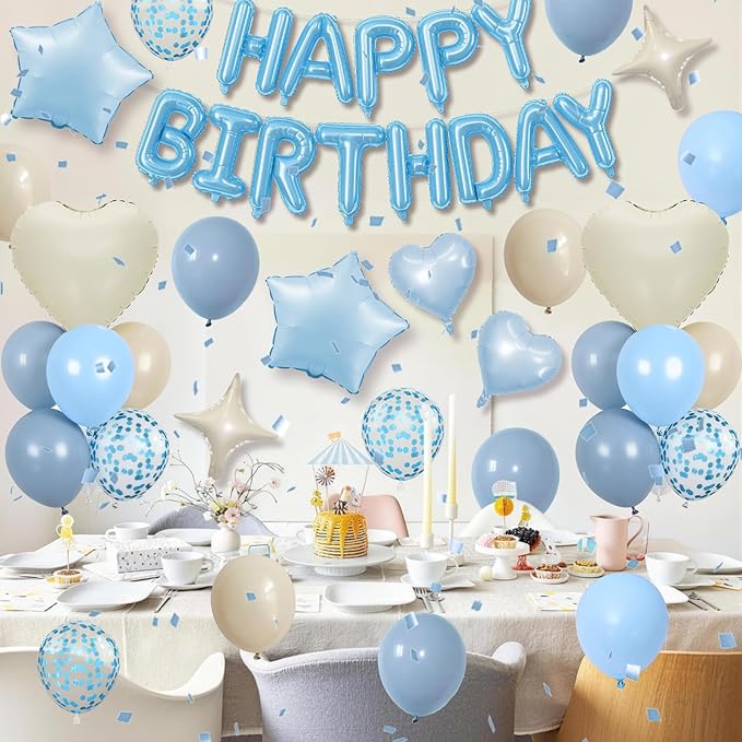 Dusty Blue Birthday Decorations for Boys Fog Baby Light Baby Blue Sand White Balloons Confetti Party Balloon Happy Birthday Banner Heart Balloons 18/10 Inch Star Balloon for Men Bday Party Supplies