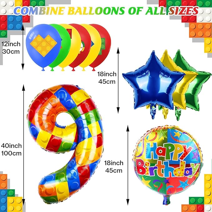 40 Inch Building Block Number Balloon, Colorful Number Block Foil Balloons Large Big Numbers Helium Balloon for Girls Boys 9th Birthday Brick Theme Party Decorations (Number 9)