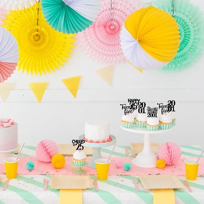 30PCS Black 25th Birthday Cupcake Toppers Glitter Twenty Five Happy 25th Straight Outta 2001 Cupcake Picks for Cheers to 25 Years Birthday Anniversary Party Cake Decorations Supplies