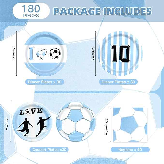 180Pcs Blue Soccer Party Supplies Paper Plates and Napkins Serve 60 Disposable Tableware Set for Birthday Party Decorations Game Day Family Holiday Sports Events