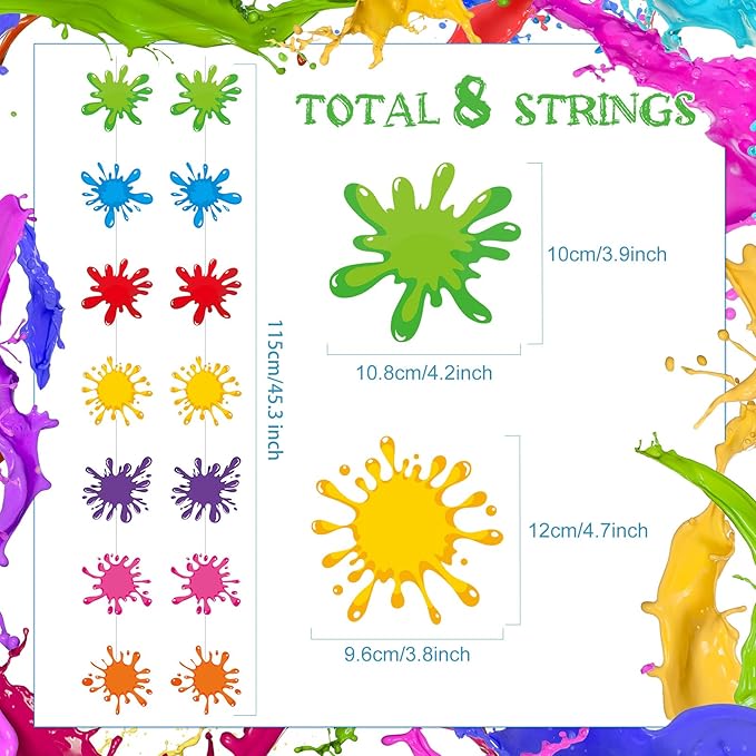 Duraaamo 8 Pcs Colorful Art Paint Party Decorations Paint Splatter Hanging Garland Paper Slime Painting Banners for Art Theme Birthday Decoration Baby Shower Slime Party Supplies Ceiling Decor