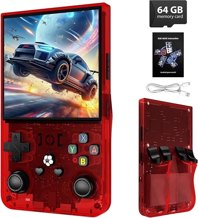 R36MAX Retro Gaming Console,4.0 Inch Handheld Game Console with 64GB Classic Video Games,30+ Simulators,4000mAh Rechargeable Battery,Hand Held Game Console-Transparent Red