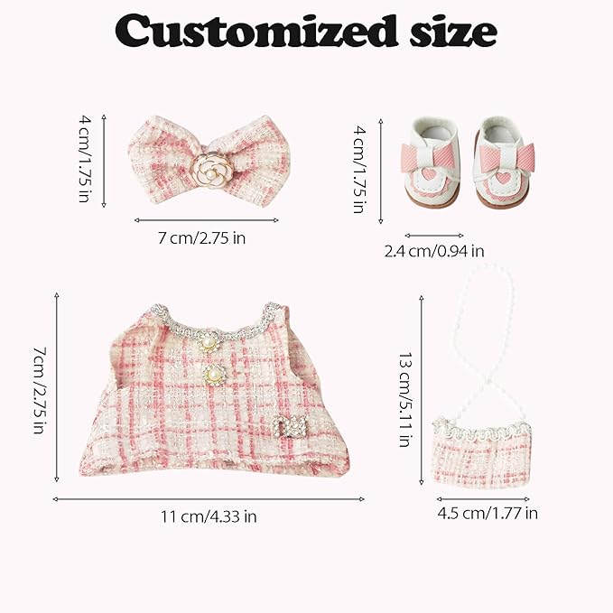 Clothes Compatible with LABUBU Doll – 4PCS Pink Tweed Charm Set, 17cm Doll Clothes Designer Outfit for Romantic Pastel Theme, Chic Stylish Accessories for Labubu, No Doll (Peachy Tweed Daydream)