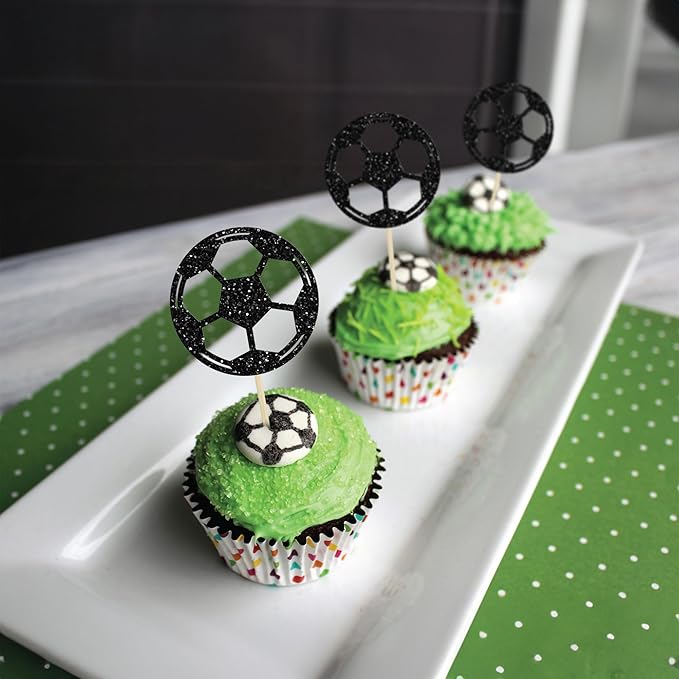 24Pcs Soccer Ball Cupcake Toppers Black Glitter Sports Theme Football Cupcake Food Picks Sport Balls Baby Shower Wedding Birthday Party Cake Decorations Supplies