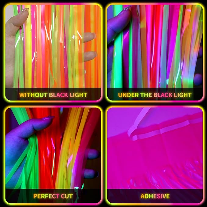 ADLKGG Glow in The Dark Party Supplies, 4Pcs 3.3x6.6 Feet Neon Party Decorations, Fluorescent Green Orange Yellow Fuchsia Foil Fringe Curtains Backdrop for Birthday Halloween Pool Photo Booth Prop