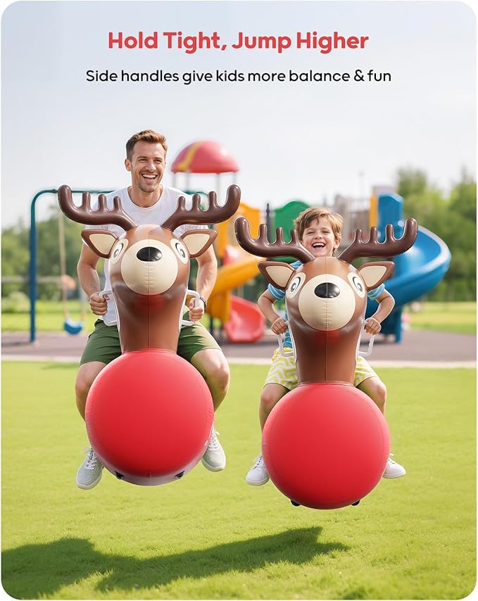 QPAU Large Inflatable Reindeer Hopper Bouncy Toy, 250lbs High Capacity Ride-on Animal for Kids & Adults, Soft Fabric Cover & Pump, Durable Puncture-Resistant Bouncer for Family Party Gift