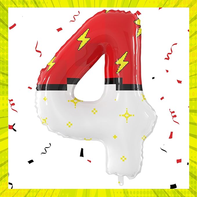 40 Inch Red White Cartoon Theme Number Balloons Large Birthday Party Number Balloons Cartoon Animation for Kids Birthday Party Decoration Supplies (Number 4)