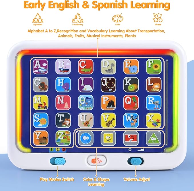 PLAY Spanish & English Learning Tablet for Toddlers 1-3, Kids Bilingual Interactive Alphabet ABC Letters, Words, Color Learning Toys Tablets, Educational Toy for 2+ Year Old Kids Babies 18 Month+