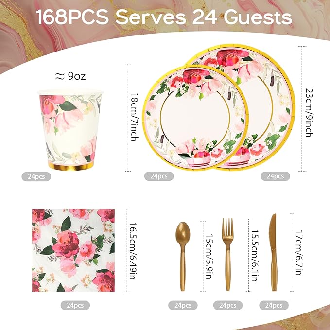 168Pcs Paper Plates Floral Rose Gold Party Plates and Napkins Vintage Flower Disposable Tableware Serve for 24 Bridal Shower Wedding Baby Shower Tea Party Supplies Decorations
