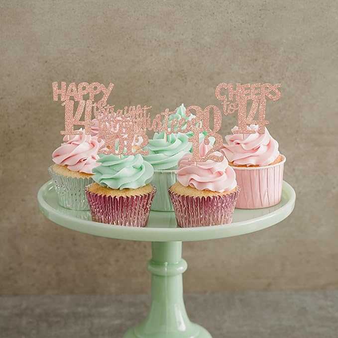 30PCS 14th Birthday Cupcake Toppers Glitter Fourteen Happy 14 Straight Outta 2012 Cupcake Picks for Cheers to 14 Years 14th Birthday Wedding Anniversary Party Decoration Supplies Rose Gold