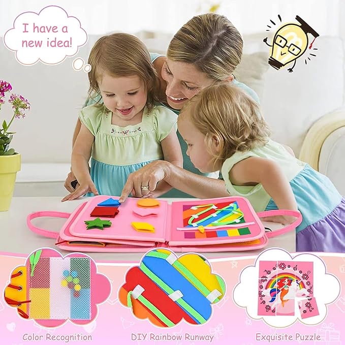 Busy Board for Toddlers 1-3 Sensory Busy Book for 1+ Year Old Boys Girls Montessori Learning Activity Books Birthday Christmas Toddler Gift (Pink)