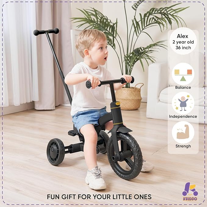 KRIDDO 4-in-1 Kids Tricycle for 1.5 to 3 Yea Old with Parent Steering Push Handle, 12 Inch Front Wheel Trike, Toddler Balance Bike for Boys Girls 18 Month to 3 Years, Adjustable Height, Black