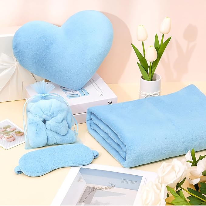 36 Pcs Sleepover Party Supplies for Girl Spa Slumber Birthday Favors Throw Blanket Pillow Eye Mask Headband Scrunchies (Solid Color,Light Blue)