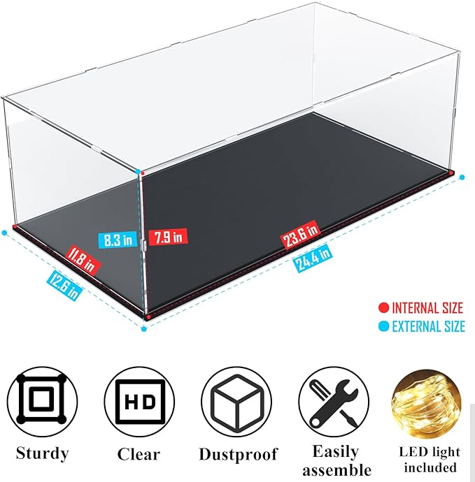 DuvinDD Acrylic Display Case for 1/8 Scale Model Car Large Lego Display Case for 42096 42083 Showcase Countertop Clear Display Box Dustproof Storage Acrylic Box with Black Base(23.6x11.8x7.8inch)