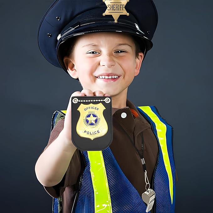 Police Badge Police Pretend Play Toy Set for Metal Handcuffs with Key American Flag Waving Lapel Pins Whistle Halloween NYPD Police Sheriff Badge Dress Up Pretend Play Accessory