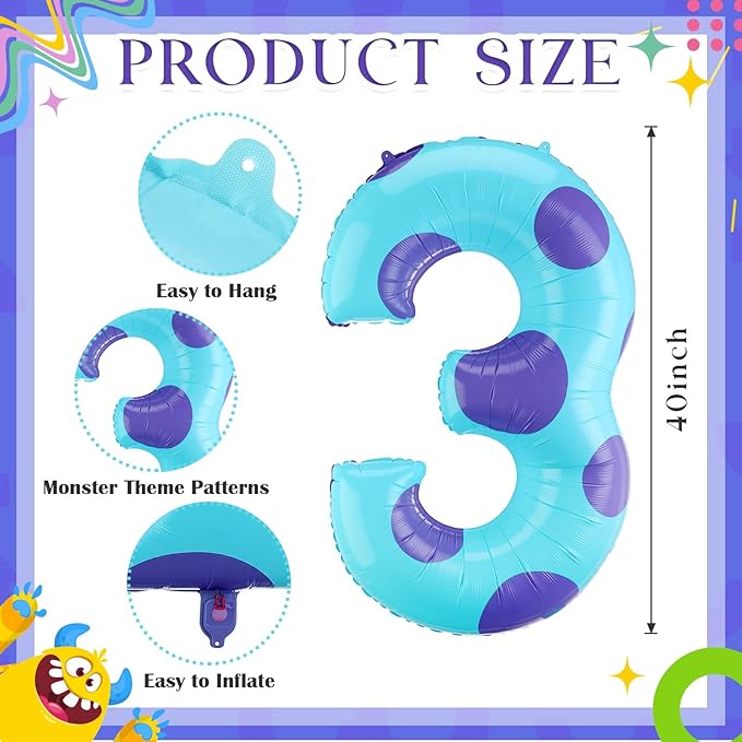 Monster Number 3 Balloons 40 Inch Monster Theme Birthday Party Decorations Large Foil Balloons for Girls Boys Birthday Baby Shower Party Backdrop Celebration Supplies