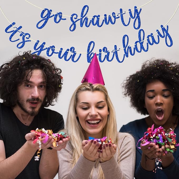 Go Shawty It's Your Birthday Banner, Hip Hop Birthday Party Decorations Supplies, Rap Theme Bday Bunting Sign, Pre-strung, Photo Props (Blue)