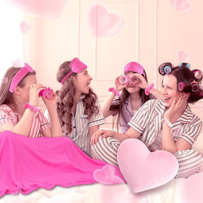 36 Pcs Sleepover Party Supplies for Girl Spa Slumber Birthday Favors Throw Blanket Pillow Eye Mask Headband Scrunchies (Solid Color,30 Hot Pink,6 Pink)