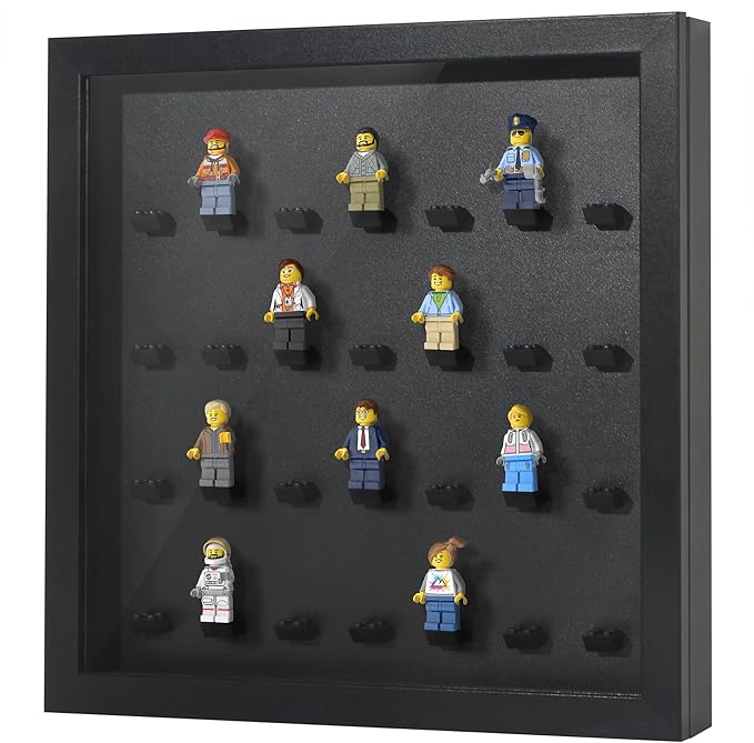 Americanflat 14x14 Minifigure Display Case with Polished Plexiglass - Holds 28 Minifigures - Silhouette Collection - Wall-Mounted Building Block Toy Display Case for Small Toy Collectibles - Black