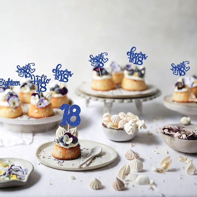 30Pcs18th Birthday Cupcake Toppers Eighteen Happy 18th Cupcake Picks Sweet 18 Cheers to 18 Cake Decorations for 18th Birthday Anniversary Party Supplies Deep Blue Glitter