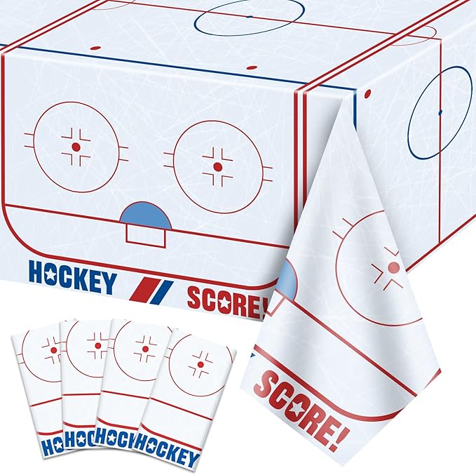 4Pcs Hockey Tablecloths Hockey Rink Table Covers Hockey Party Decorations for Kid's Hockey Fans Birthday Sports Day Party Disposable Plastic Party Tablecloth(4, 51'' x 108'')