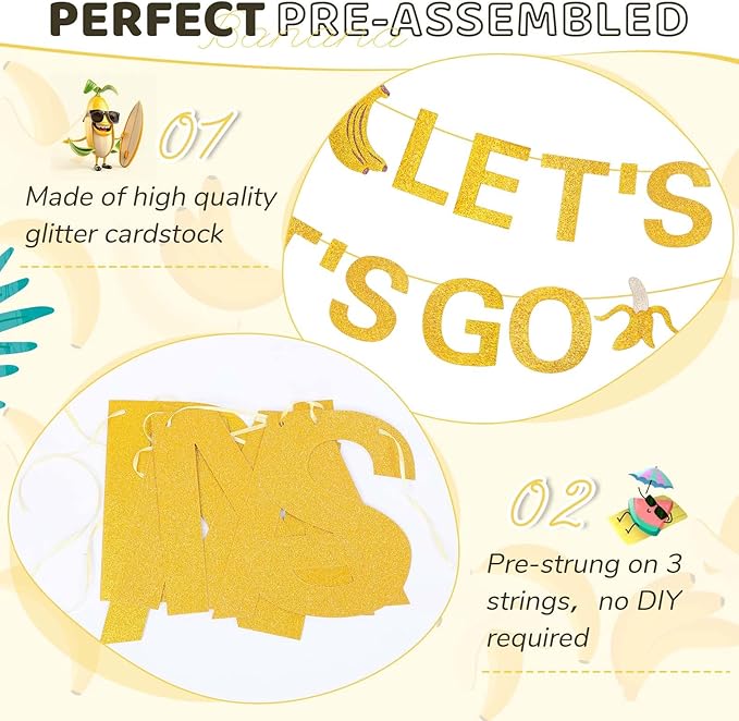 Clabby Pre Strung Banana Birthday Decorations Let's Go Bananas Letter Banner Gold Glitter Fruit Theme Banner for Fruit Birthday Party Baby Shower Supplies