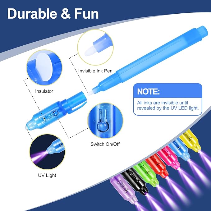 D&N Lifestyle Invisible Ink Pens for Kids, 28 Pack UV Secret Message Pens with Light & Activity Cards – Valentine Classroom Exchange, Party Favors, Easter Basket Stuffers