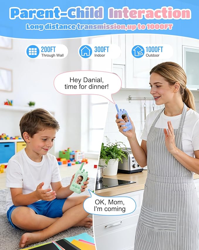 Walkie Talkies for Kids, 2 Pack Rechargeable Video Intercom Kids Walkies Talkies, Indoor Outdoor Toys Gifts for Family Games, Outside, Camping, Hiking for Boys Girls Ages 3-6(Green+Blue)