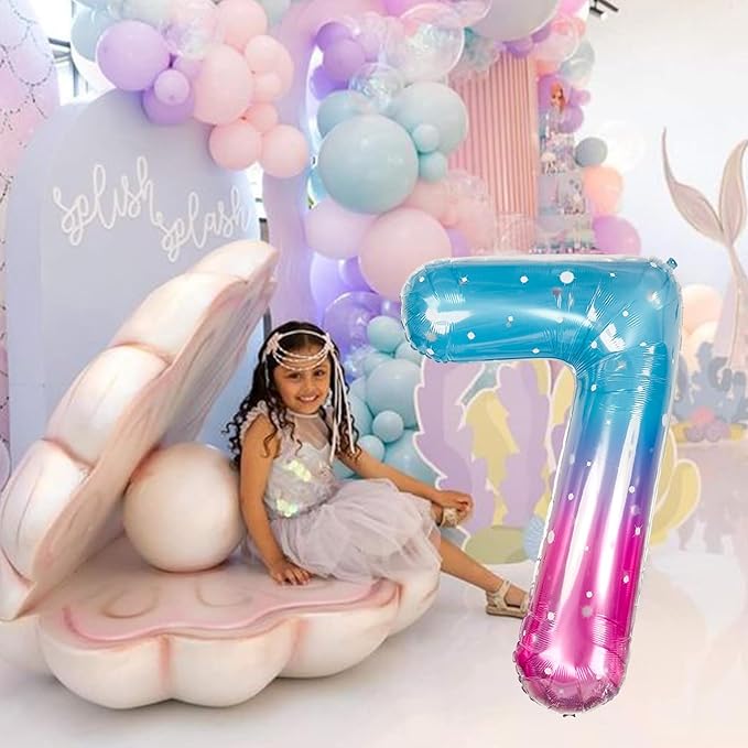 40 Inch Balloon Number 7 Mermaid, Large Mylar Foil Blue Pink Starry Number Seven Balloons Set for Girls Women, Rainbow Globos de Numero 7 Helium Balloons for Girls 7th Birthday Party Decorations
