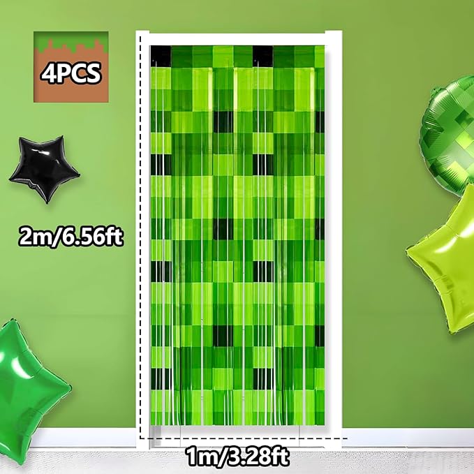 3.2x6.6ft Green Foil Fringe Curtains Pixel Birthday Party Decorations, 4 Pcs Video Game Door Streamers Banner Gaming Birthday Party Decorations Supplies for Boys Favors