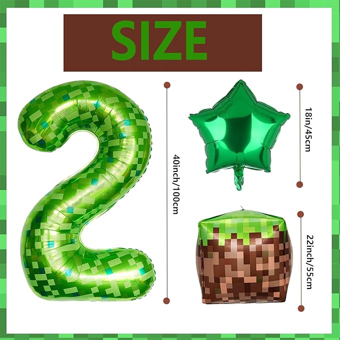 40 Inch Green Pixel Miner Number 2 Foil Balloon Set 5Pcs Large Mylar Mining Theme 2nd Number Balloons Pixel Cubes Video Game Birthday Party Decorations