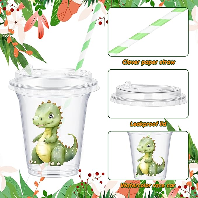 Boao 36 Sets Dinosaur Baby Shower Favors Watercolor Dinosaur Party Cups with Lids and Paper Straws 14 oz Dino Birthday Party Supplies Dino Disposable Clear Plastic Cups Bulk