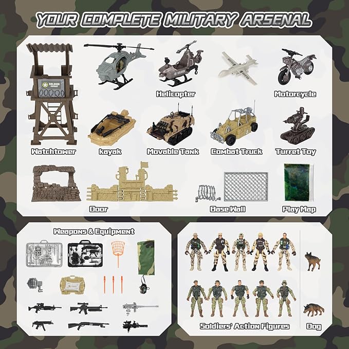 Army Toys, Kids Military Battle Playset with Army Men Action Figures, Army Vehicles, Tank, Truck, Boat, Motorcycle, Helicopter, Soldiers Weapons Accessories, Boys Great Military Gift Toy