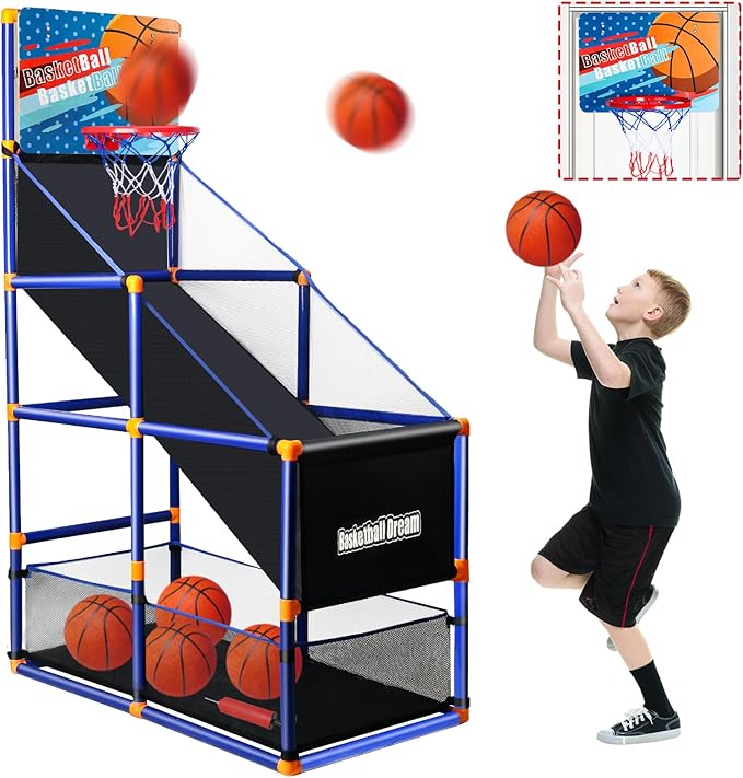 Arcade Basketball Game Set for Kids, Boy Toys Basketball Hoop with 4-5 Balls for 3-12 Years Old, Adjustable Height w/Pump & Storage Net for Kids Indoor Outdoor Sports Play, Christmas Birthday Gifts