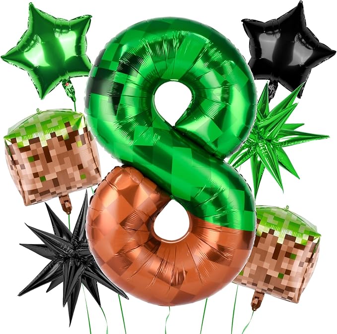 40 Inch Green Pixel Miner Number 8 Balloon Set, 7Pcs MIning Large Foil Balloon Video Game Themed Party Party Decorations for Kids' Anniversary Balloon Party Supplies Supplies