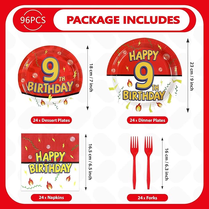 Grencian 96Pcs Happy 9th Birthday Party Supplies Cartoon Anime Themed Paper Plates and Napkins Tableware Sets Red and White Decoration for 9 Year Old Birthday Kids Children Party Serves 24